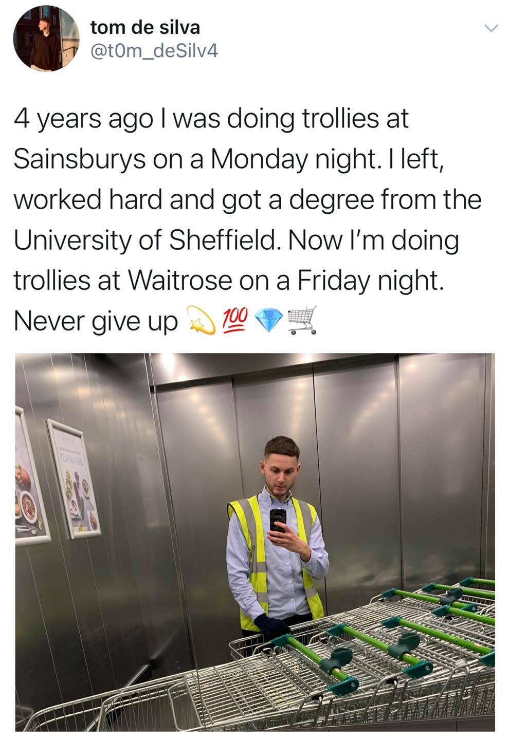 This meme is a screenshot of a Twitter post from a user named "tom_de_silva". The user is sharing a humorous anecdote about his past job experience, stating that he used to work at Sainsbury's (a UK-based supermarket chain) as a "trolley collector" or "trolley attendant", and that his job title was so mundane that he even used to joke about it with his friends.